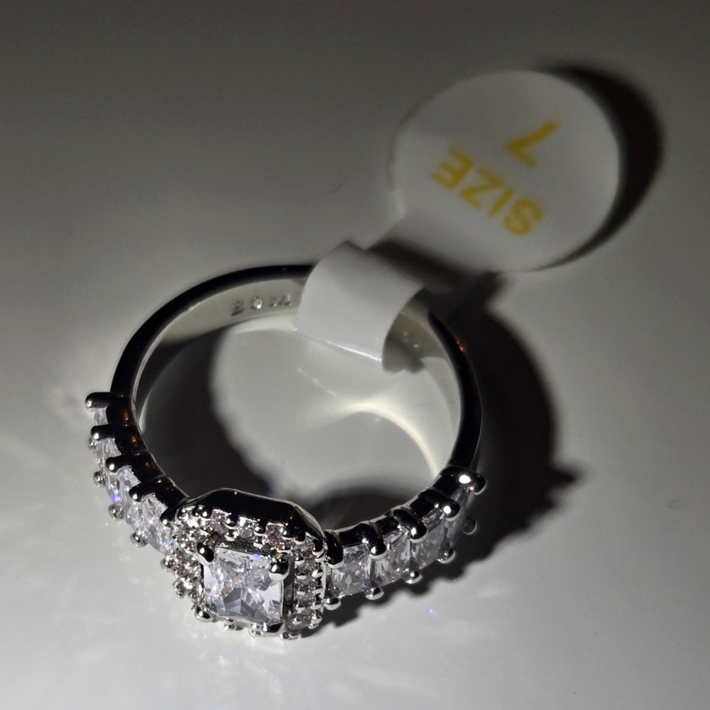 Bomb Party Ring Size 7 Clear Rectangular Halo Baguette Accents Silver Tone